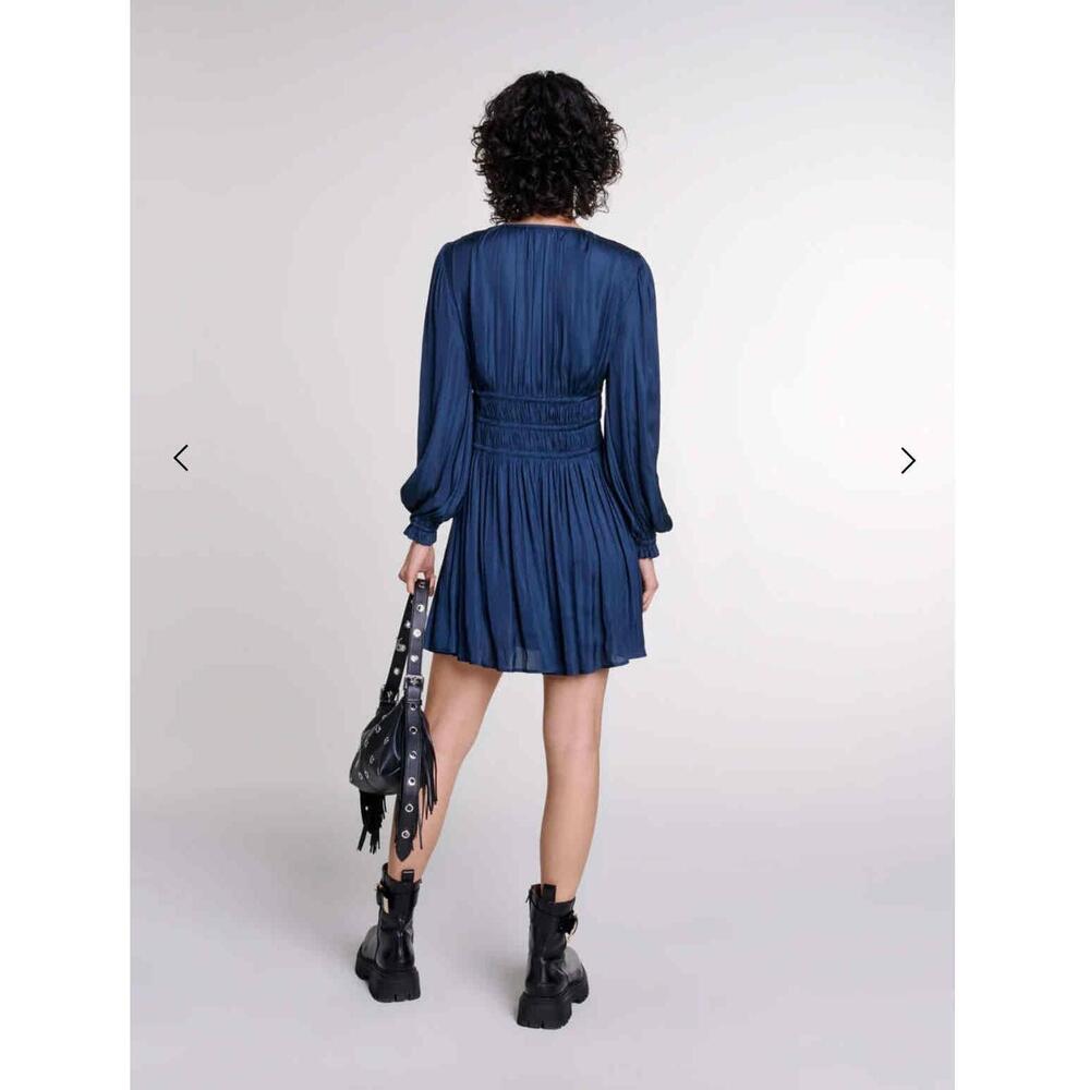 Maje Rianne Navy Satin Mini Dress Ruffled V Neck Long Sleeve Size 36 US 4 - Picture 3 of 9